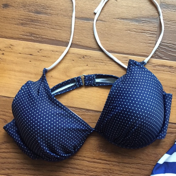 4 PC Swimsuit Bikini Tankini Blue White Striped - Picture 2 of 8